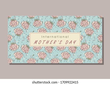 Banner, poster, sticker, background with flowers and the text "International Mother's Day". Stylized card with flowers. Vector illustration.