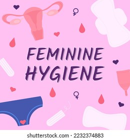 pancarta, afiche, pegatinas sobre el tema del periodo hembra con toallas, tampón, taza menstrual, calzoncillos, útero y texto Higiene femenina en el fondo rosado
