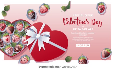 Banner, poster with strawberries in chocolate in a heart shaped box. beautiful gift. Romantic background, flyer template for valentine's day.