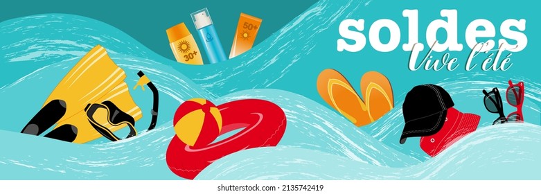 Banner or poster for summer sale with symbolic beach items on a sea background - French text - translation: Soldes, Vive 