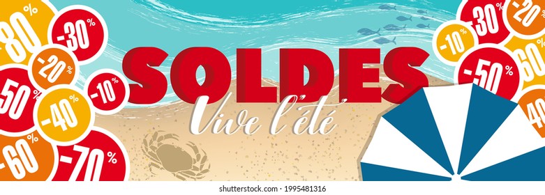 Banner or poster for summer sales with price reduction figures on a beach background - English text - translation: Sales, Long live summer.