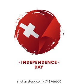 Banner or poster of Switzerland Independence Day celebration. Waving flag of Switzerland, brush stroke background. Vector illustration.
