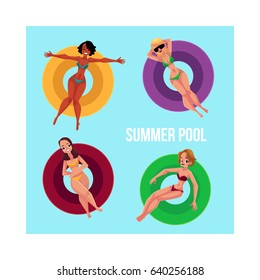 Banner, poster template with black and Caucasian girls, women floating on inflatable rings in swimming pool, top view cartoon vector illustration. Girl, women swimming on inflatable rings in pool