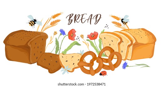 Banner or poster template with bread production and plants natural elements, flat vector illustration isolated on white background. Design for bakery production.
