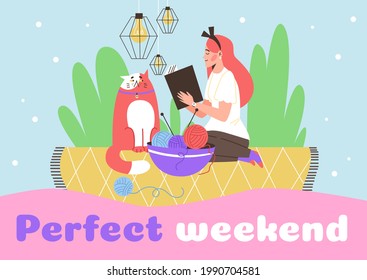 Banner or poster template with cheerful young girl enjoying perfect weekend at home, flat vector illustration. Woman enjoying her hobby and communication with pet.