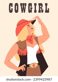 Banner or poster template with cowgirl beautiful female character, flat vector illustration. Banner background with cowgirl in traditional Western Texas costume elements.