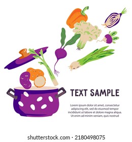 Banner or poster template with fresh vegetables in kitchen pot, flat cartoon vector illustration on white background. Vegetarian food and healthy eating. Recipe page design.