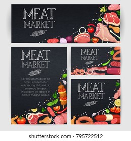 Banner and poster template gastronomic meat products with vegetables and spices for food meat production, brochures, banner, menu and market design. Vector Illustration.