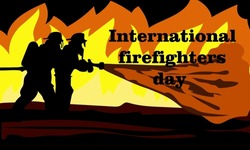 Banner, Poster Or Template For The International Day Of Firefighters With Silhouettes Of Two Firefighters Extinguishing A Fire. Vector Illustration For May 4. Firefighters On The Background Of Flames