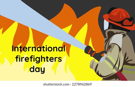 Banner, poster or template for the International Day of Firefighters with an illustration of a firefighter extinguishing a fire. Vector illustration for May 4. A firefighter with a hose in flames