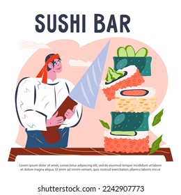 Banner or poster template with Japanese sushi maker cooking with katana knife, flat vector illustration. Japanese cuisine advertising poster for social network and print materials.