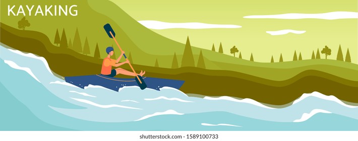 Banner or poster template for kayaking and rafting travel agency or summer camping. Boat and sportsman character on river landscape background, flat vector illustration.