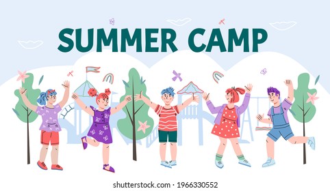 Banner or poster template for kids summer camp, cartoon vector illustration. Advertising banner layout  for children summer camp with little boys and girls at summer and inscription.