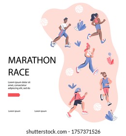 Banner or poster template for marathon race competition or sporting event with running men and women cartoon characters. Marathon track advertising  cartoon vector illustration in trendy style.