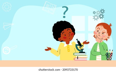 Banner or poster template with mindful embarrassed kids having questions. Funny children wondering looking for answers, flat cartoon vector illustration.