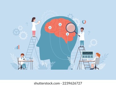 Banner or poster template for neurology clinic, neuroscience and electroencephalography exam, flat cartoon vector illustration isolated on blue background.