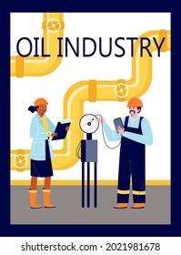 Banner or poster template with oil industry engineers check instrument readings, flat vector illustration. Fuel refinery or oil petroleum factory equipment maintenance.
