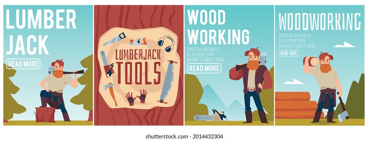 Banner or poster template set with lumberjacks in forest. Male characters in cartoon flat style vector illustration. Wood working and woodcutting or lumber professional instruments.