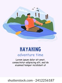 Banner or poster template with tourist on a kayak, flat cartoon vector illustration. Travel or use a kayak, kayaking, canoeing or rafting sport and ecotourism.