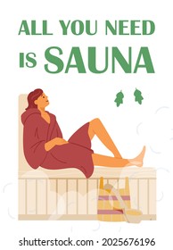 Banner or poster template with woman relaxing in sauna or steam bath. Sauna body refreshing and wellness healthcare procedures, flat vector illustration.