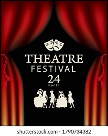 Banner or poster for a Theatre festival with red theater curtains and silhouettes of actors in Baroque costumes. Vector illustration in retro style on the theme of theatrical art