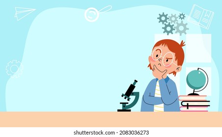 Banner or poster with thinking pensive child making researches with microscope and copy space for text, flat vector illustration. Banner or flyer with smart child.