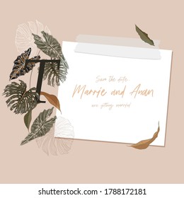 Banner poster with tropical exotic foliage and leaves with white paper space for your Text, Summer banner design. Design for wedding Invitations, summer sale promotion, cover, web banner