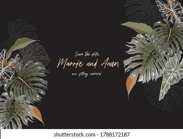 Banner poster with tropical exotic foliage and leaves with space for your Text, Summer banner design. Design for wedding Invitations, summer sale promotion, cover, web banner on black background