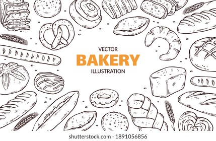 Banner or poster with various hand drawn bakery bread products, doodle style vector illustration on white background. Line art frame design with bread and buns.