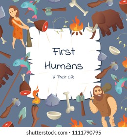 Banner and poster vector cartoon cavemen background with place for text illustration