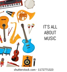 Banner and poster vector cartoon musical instruments background with place for text illustration