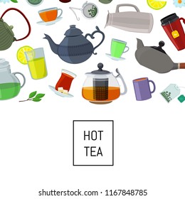 Banner and poster vector cartoon tea kettles and cups background with place for text illustration