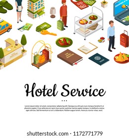 Banner and poster vector isometric hotel icons background with place for text illustration
