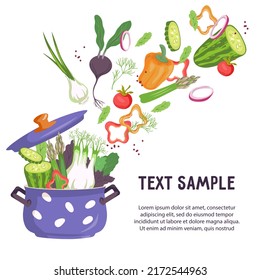 Banner or poster with vegetables flying out of cooking pot, flat vector illustration. Recipe book and food banner or poster template. Healthy vegetarian food and culinary.