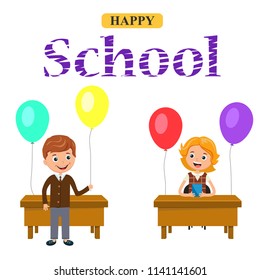 Banner or poster welcome back to school. Text – Happy school. Happy children at their desks in the classroom with festive balls. Vector illustration isolated on white background.