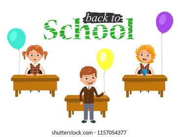 Banner or poster welcome back to school. Text – Happy school. Happy children at their desks in the classroom with festive balls. Vector illustration isolated on white background.