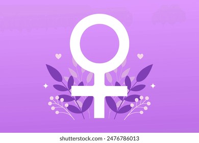 Banner, poster for Women's Equality Day, March 8. Venus sign on the background of flowers. Purple