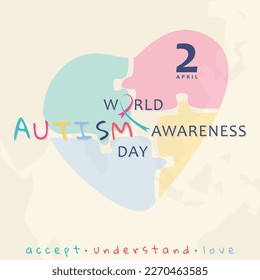 Cartel o afiche del Día Mundial de Concienciación sobre el Autismo con amor abstracto del rompecabezas. Ilustración del vector