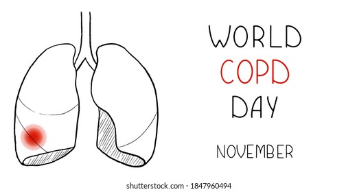 Cartel o afiche del Día Mundial de la COPD. Los pulmones humanos se delinean con un punto de dolor y enfermedad, con inscripción en blanco. Ilustración médica de la campaña de sensibilización sobre la enfermedad pulmonar obstructiva crónica