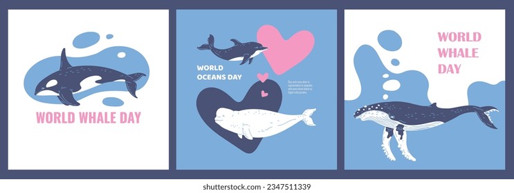 Banner or poster of World Whale Day design to protect the population of marine mammals, flat vector illustration. Marine Cetaceans whales animals day.