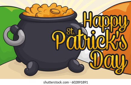 Banner with pot full of gold and a Irish flag in the background for St. Patrick's Day celebration.