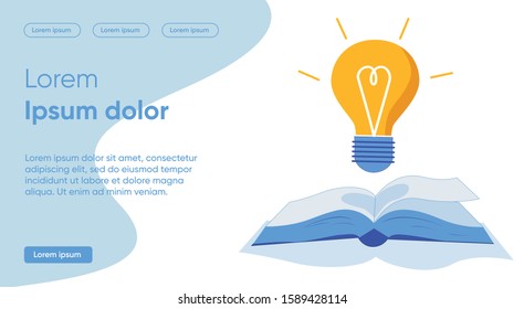 Banner Powerful Successful Idea from Book, Slide. In Center above Open Book Large Light Bulb Burns. Idea Powered by Literature. Main Point View on Subject, Cartoon. Vector Illustration.