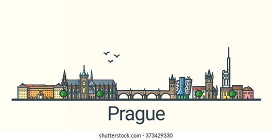 Banner of Prague city in flat line trendy style. All buildings separated and customizable. Line art.