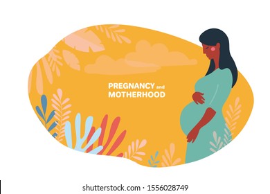 Banner pregnancy and motherhood. Side view of a pregnant afro woman standing in nature and hugging belly with arms. Concept character. Vector flat stock isolated on a white background.