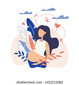 Banner  Pregnant Girl Holding Belly Flat Vector. Pregnant Girl who has Big Belly. She Surrounded Thoughts about Taking Care Baby, about Feeding, Comforting, Rattles and how Show Love Child.