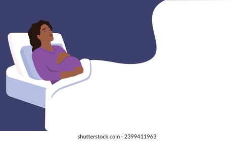 Banner. Pregnant woman, future mom.  Breathing techniques. Woman exhaling slowly through her mouth after taking a deep breath in. She is on a hospital bed. Flat vector illustration.