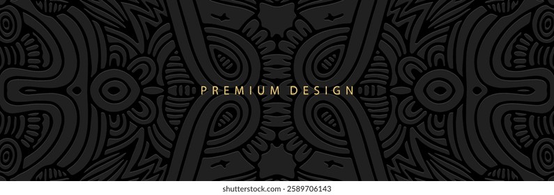 Banner, premium cover design. Geometric ethnic exotic 3d pattern on black background, embossing, vintage. Ornaments, arabesques, mandala of the East, Asia, India, Mexico, Aztec, Peru.