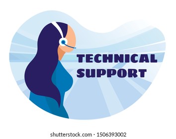 Banner Present Female Technical Support Specialist. Cartoon Woman Character in Headphones with Microphone Solving Customer Problem. Client Service Phone Helping Operator. Vector Flat Illustration