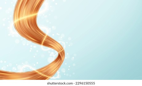 Banner for presentation cosmetic products. 3d vector illustration with realistic hair strands on blue background. Vector element for hairdresser salons, cosmetics, shampoo or conditioner package.