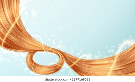 Banner for presentation cosmetic products. 3d vector illustration with realistic hair strands on blue background. Vector element for hairdresser salons, cosmetics, shampoo or conditioner package.